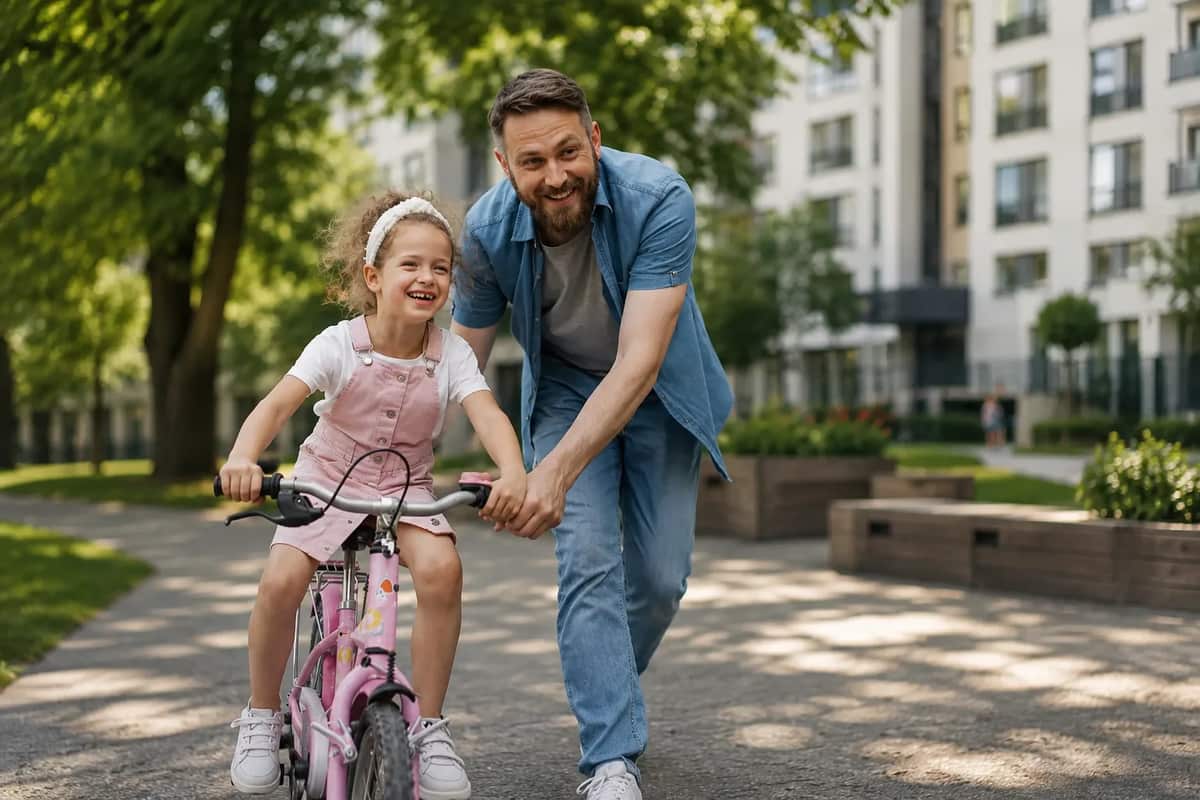 A father and child riding bikes