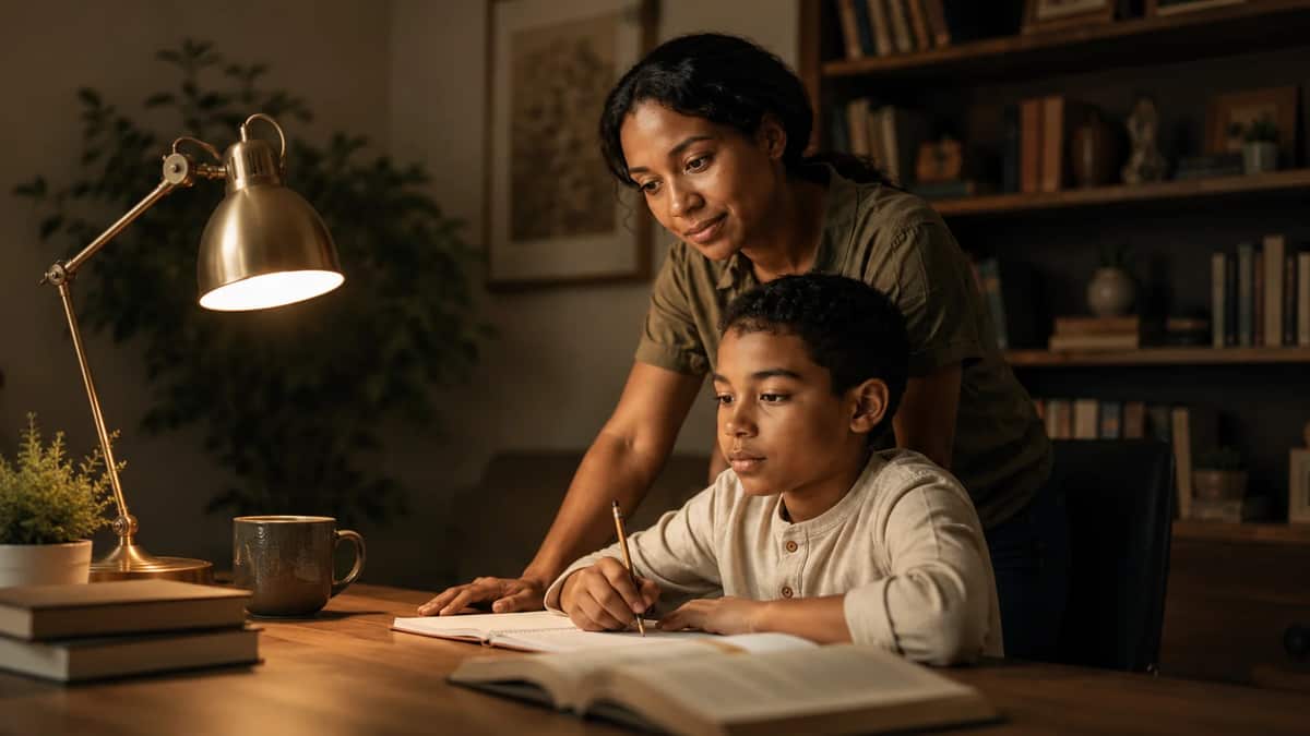 A mother helping her son with schoolwork by lamplight